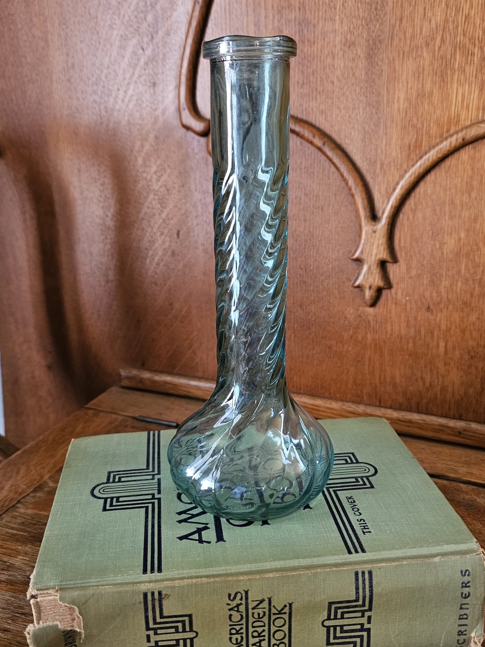 Vintage CFG Aqua Blue Green Swirl Glass Bud Vase 9.5